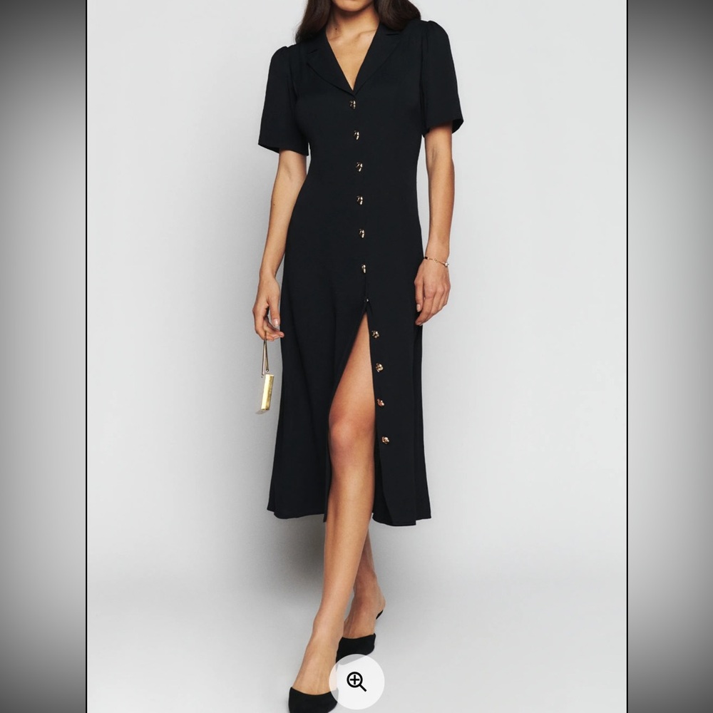 Reformation Wilde Dress Black Small Gold Button Midi Collar Short Sleeve small